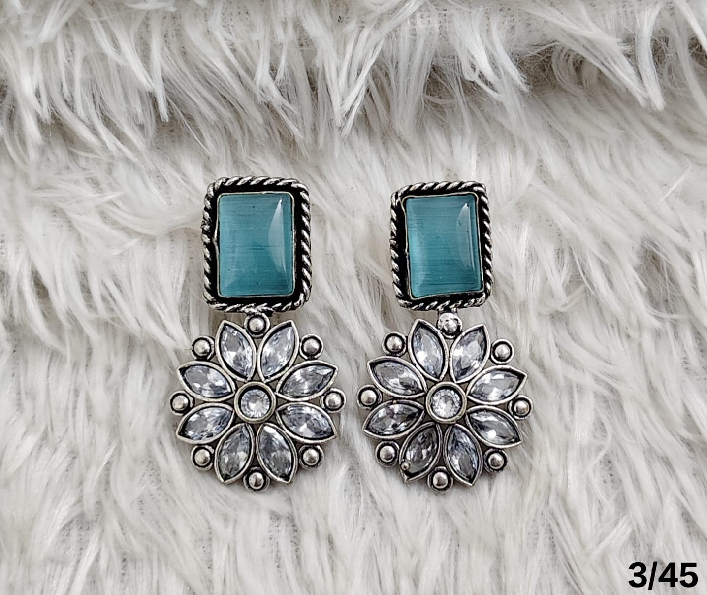 Rectangular Stone Drop Earrings with Floral Crystal Design